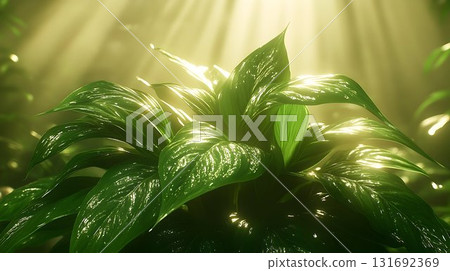 Lush Green Plant Illuminated by Sunlight, Detailed Leaf Texture 131692369