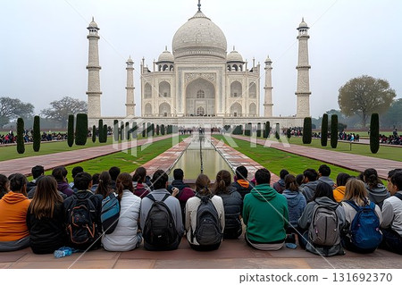 Taj Mahal View: Tourists Admiring the Iconic Mausoleum in Agra, 131692370