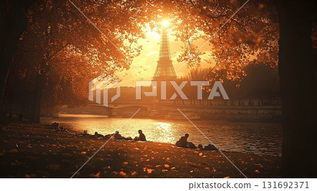 Golden Hour in Paris: Eiffel Tower Silhouette and Seine River Re Golden Hour in Paris: Eiffel Tower Silhouette and Seine River Re 131692371