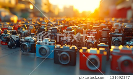 Vintage Camera Collection Bathed in Golden Sunlight, Displaying Vintage Camera Collection Bathed in Golden Sunlight, Displaying 131692377