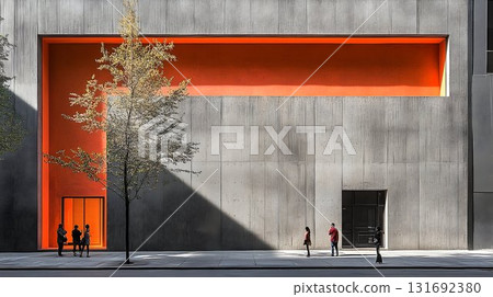 Architectural Contrast: Orange Interior and Shadowed Facade with Architectural Contrast: Orange Interior and Shadowed Facade with 131692380