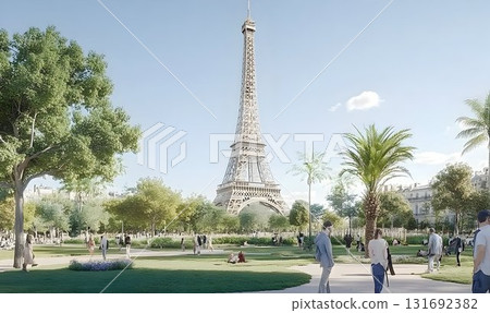 Eiffel Tower and Park Scene with Palm Trees and People Enjoying 131692382