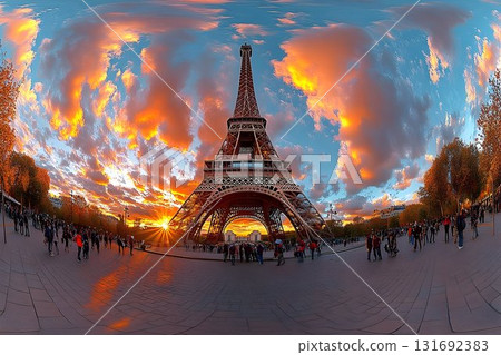 Eiffel Tower Panorama at Sunset with Vivid Clouds and Crowds of 131692383