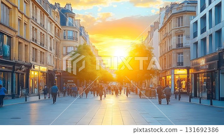 Parisian Street Scene Bathed in Golden Sunset Light with Pedestr Parisian Street Scene Bathed in Golden Sunset Light with Pedestr 131692386