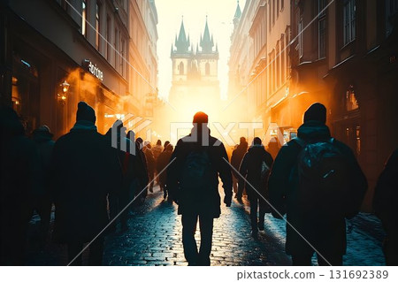 Silhouetted Crowd Walking Towards Prague Castle in Golden Hour L Silhouetted Crowd Walking Towards Prague Castle in Golden Hour L 131692389