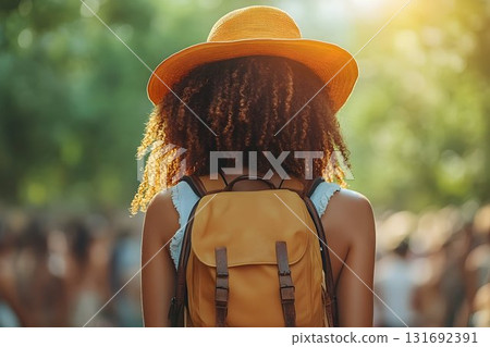 Back view of a woman with curly hair, wearing a hat and backpack Back view of a woman with curly hair, wearing a hat and backpack 131692391