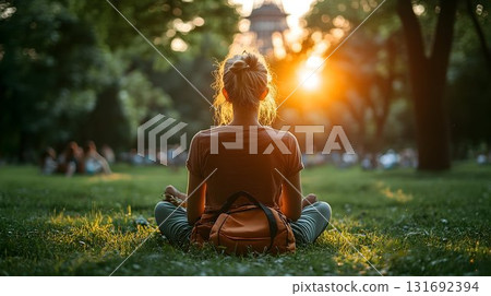 Backlit Woman Meditating in Park at Sunset with Backpack and Tow Backlit Woman Meditating in Park at Sunset with Backpack and Tow 131692394