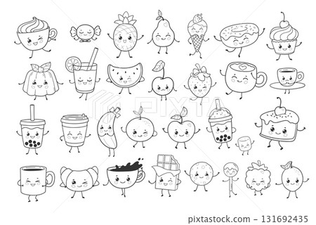 Cute food and drink characters line art set 131692435