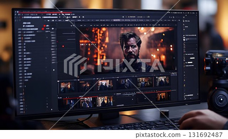 Video Editing Software Interface Displaying a Film Scene with a Video Editing Software Interface Displaying a Film Scene with a 131692487