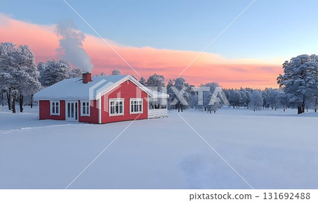 Cozy Red Cabin in Winter Wonderland at Sunset with Smoke Rising 131692488