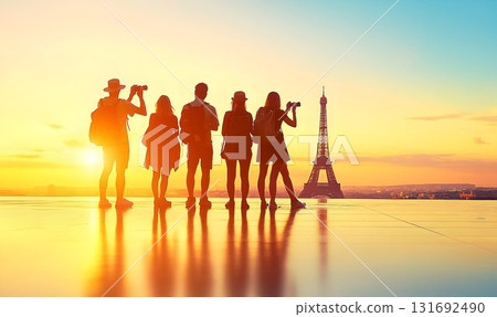 Silhouetted Tourists Admiring Eiffel Tower at Sunset with Golden 131692490