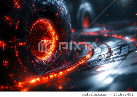 Futuristic Glowing Ring with Red Energy and Abstract Digital Det 131692491
