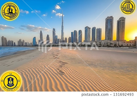 Dubai Skyline at Sunset: Footprints on Sandy Beach Leading to Mo 131692493