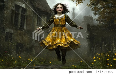A Young Girl in a Golden Dress Floating in a Stormy Landscape 131692509