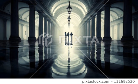 Silhouetted Figures Walking Through a Reflective, Architectural 131692520