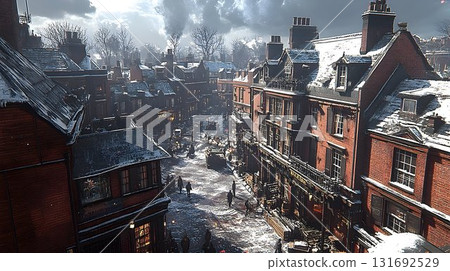 Snowy Victorian street scene with pedestrians and horse-drawn ca 131692529