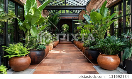 Lush indoor garden pathway with terracotta pots and glass ceilin 131692584