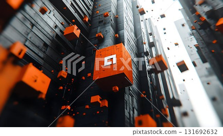 Abstract Orange Cubes Ascending on Dark Textured Structures with 131692632