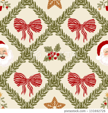 Retro Christmas bows seamless pattern. Vector fir tree trellis, ribbon Santa Claus, gingerbread background, wrap paper. Retro Christmas bows seamless pattern. Vector fir tree trellis, ribbon Santa Claus, gingerbread background, wrap paper. 131692726