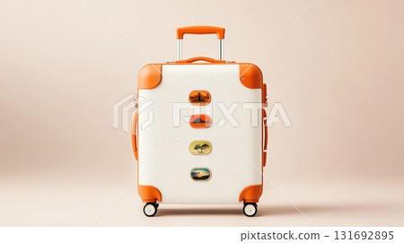 Stylish minimalist suitcase in white and orange design featuring travel destination stickers Stylish minimalist suitcase in white and orange design featuring travel destination stickers 131692895