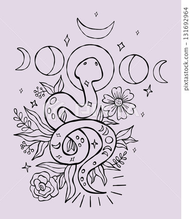 Mystical snake with moon and Flowers Plants. Outline Textured Hand Drawn Doodle. Sketch kundalini for design, symbolizing magic and transformation. Vector Illustration. Not AI 131692964