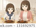 姊妹倆在餐廳吃半釉漢堡牛排 131692975