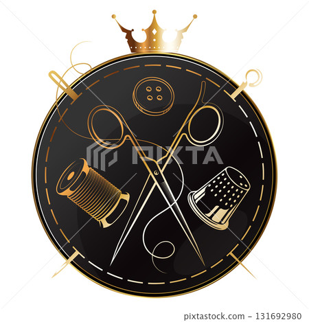 Golden symbol for sewing with crown. Needle and thread, scissors, thimble, spool of thread 131692980