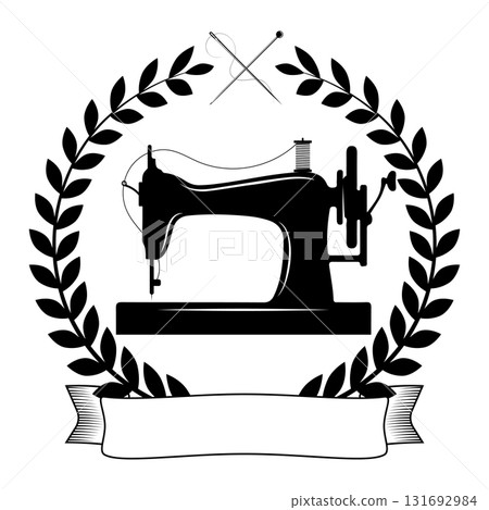 Hand sewing machine, wreath of leaves and ribbon. Coat of arms for sewing 131692984