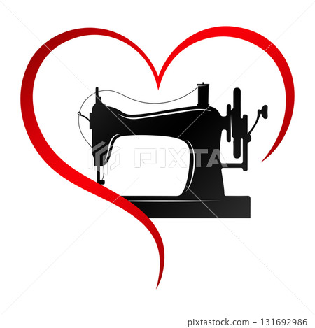 Red heart symbol and sewing machine, symbol for sewing and cutting Red heart symbol and sewing machine, symbol for sewing and cutting 131692986