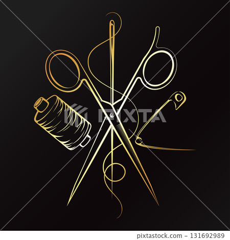 Scissors, sewing needle, and spool of thread. Gold badge for a sewing salon. Scissors, sewing needle, and spool of thread. Gold badge for a sewing salon. 131692989