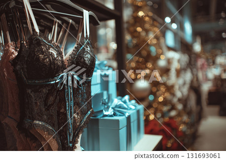 Lace lingerie for women on a rack next to a Christmas tree in a boutique. Copy space. Erotic concept. Women's wardrobe, shopping concept. 131693061