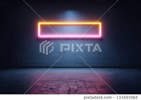 Frame of glowing neon rectangle sign on empty brick wall. Frame of glowing neon rectangle sign on empty brick wall. 131693068