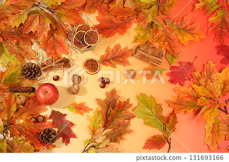 Autumn abstract composition with maple leaves, pine cones, nuts, cinnamon, star anise and rowan berries, still life and Thanksgiving concept, seasonal background and banner for screen, greeting card. 131693166
