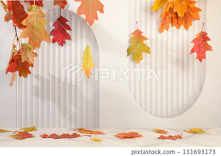 Empty wooden product display table with maple leaves on kitchen background, minimalist autumn concept, creative autumn composition and banner for display. Happy Thanksgiving greeting card Empty wooden product display table with maple leaves on kitchen background, minimalist autumn concept, creative autumn composition and banner for display. Happy Thanksgiving greeting card 131693173
