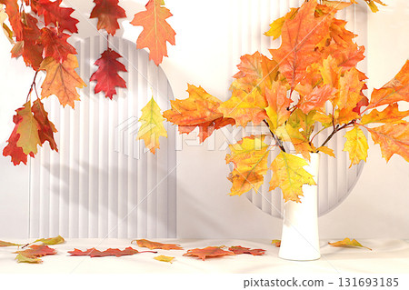 Creative autumn composition and banner for display. Empty modern elegant product display table with maple leaves on kitchen background, minimalist autumn concept. Happy Thanksgiving greeting card. Creative autumn composition and banner for display. Empty modern elegant product display table with maple leaves on kitchen background, minimalist autumn concept. Happy Thanksgiving greeting card. 131693185