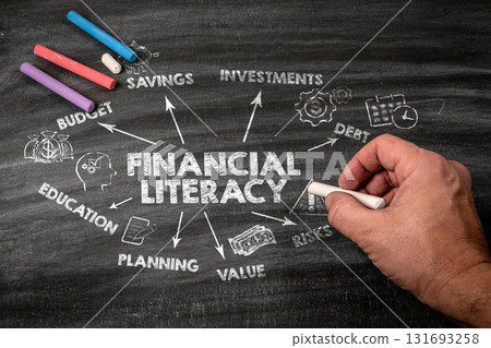 Financial Literacy. Black scratched textured chalkboard background Financial Literacy. Black scratched textured chalkboard background 131693258