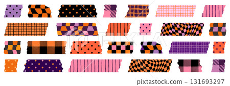 Cute Vector Washi Tape Pieces, Torn Masking Tape for Fall, Halloween Designs with Check, dots and Stripe Patterns 131693297