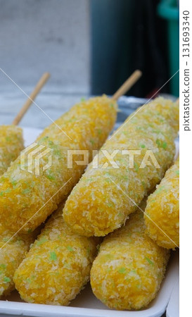 corn dog displayed at supermarket corn dog displayed at supermarket 131693340