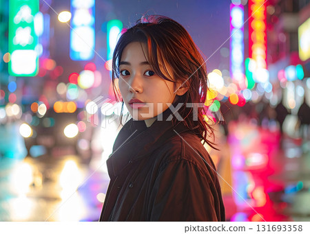 Portrait of a woman at night in a neon city (cinematic style) Portrait of a woman at night in a neon city (cinematic style) 131693358