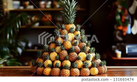 Pyramidal arrangement of small pineapples on a wooden table in a cozy kitchen setting. Concept of fruit creativity and exotic dining. For food decoration ideas 131693474