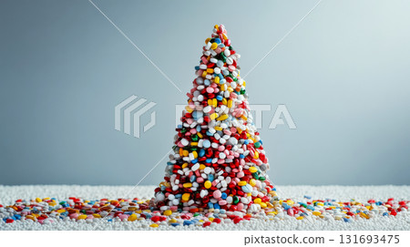 A tall pile of various colorful pills forms a cone shape on a plain surface. Concept of medication abundance or pharmaceutical diversity. For health-related content. 131693475
