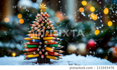 Colored pencils arranged like a Christmas tree with a golden star, set on snowy ground with blurred lights. Concept of creativity and holiday spirit. For holiday craft ideas 131693476