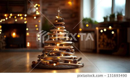 Driftwood tree adorned with lights, placed in a cozy room with a fireplace and warm ambiance. Concept of creative holiday decor. For winter home decoration. 131693490