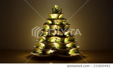 Decorative tree sculpture with glowing lights on a table in a dark room. Concept of festive decoration, artistic design. For holiday decor inspiration and ideas. 131693491