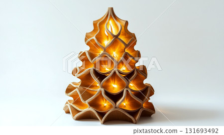 Wooden decorative tree with embedded lights against a neutral background. Concept of innovative home decor. For festive season promotion 131693492