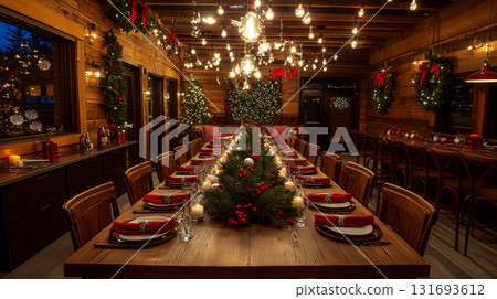 A long wooden dining table is elegantly set with festive decorations, surrounded by warm lights and greenery. Concept of cozy holiday celebration. For holiday dining setup. 131693612