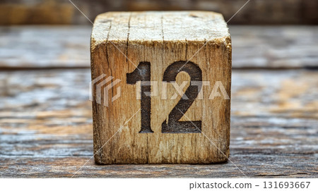 Wooden block with the number "12" engraved sits on a rustic wooden surface. Concept of simplicity and natural aesthetics. For educational and decorative design. Wooden block with the number "12" engraved sits on a rustic wooden surface. Concept of simplicity and natural aesthetics. For educational and decorative design. 131693667