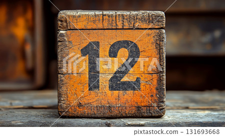 Wooden block with the number "12" printed on it, resting on a wooden surface. Concept of vintage numbering. For calendar design. 131693668
