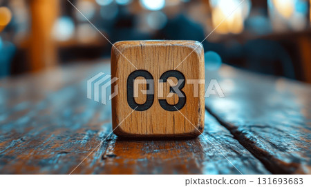 Wooden cube with "03" stands on a wooden table with blurred lights in the background. Concept of numbers, simplicity, and focus. For product design. 131693683