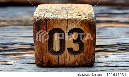Wooden cube with the number "03" engraved, sitting on textured wood. Concept of rustic, vintage decoration. For calendar or date representation. 131693684